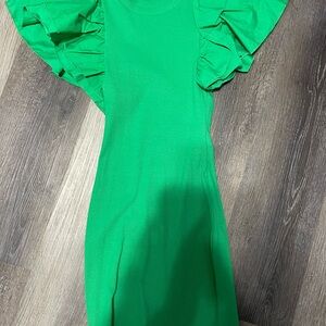 Zara Vibrant Green Kids Dress with Ruffle Sleeves